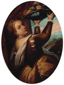 A putto playing the tambourine in a wooded landscape