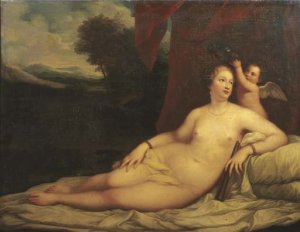 Venus crowned by Cupid, a landscape beyond