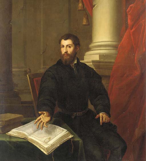Portrait of a gentleman, three-quarter-length, in a black coat, seated at a table with an open atlas